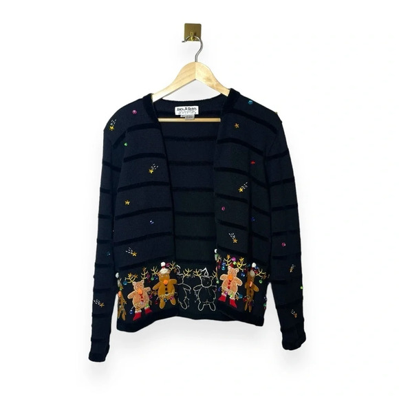 VINTAGE 90s Jack B Quick Ugly Bedazzled Christmas Cardigan Sweater Black Size M - Picture 1 of 14